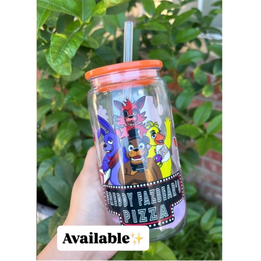 Five Nights Freddy Fazbear's Pizza Orange Lid Tumbler Cup with Straw